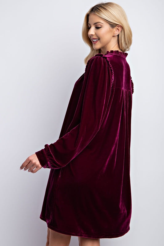 Easel Velvet Dress with Ruffle Accent - Plum