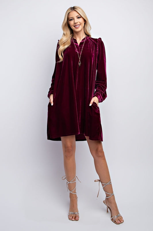 Easel Velvet Dress with Ruffle Accent - Plum