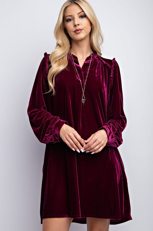 Easel Velvet Dress with Ruffle Accent - Plum