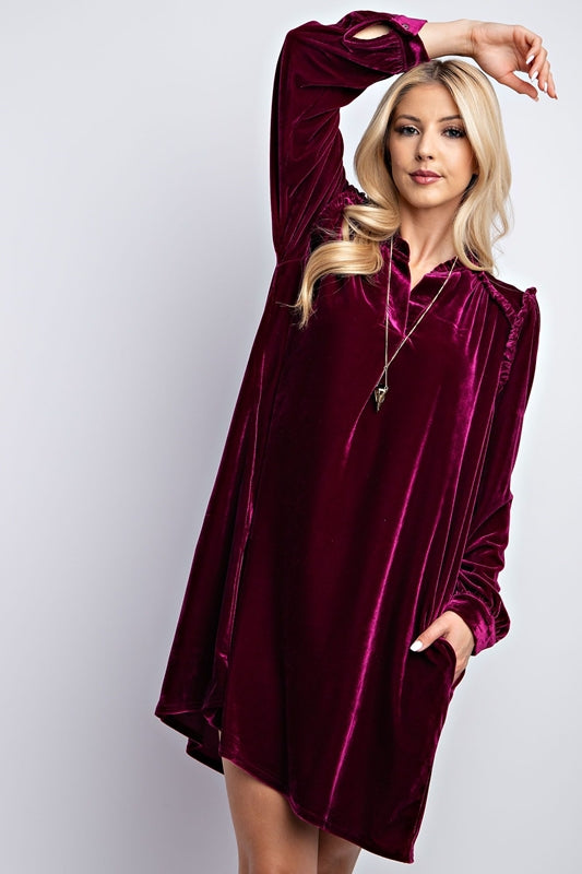 Easel Velvet Dress with Ruffle Accent - Plum