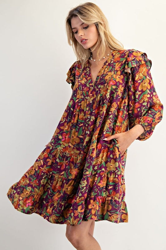 Easel Floral Print Puffy Sleeve Dress - Eggplant