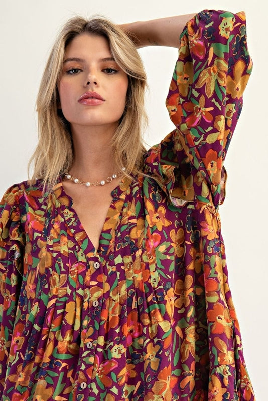 Easel Floral Print Puffy Sleeve Dress - Eggplant