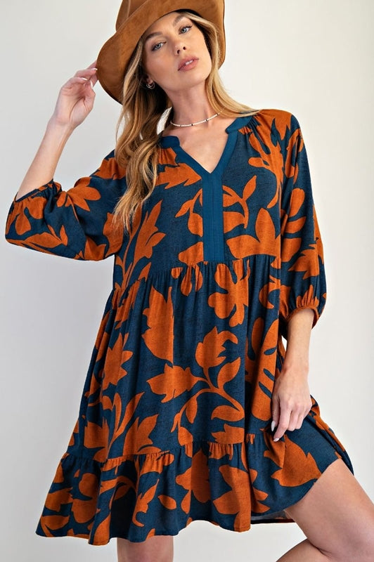 Easel Floral Print Challis Puff Sleeve Dress - Woodnight