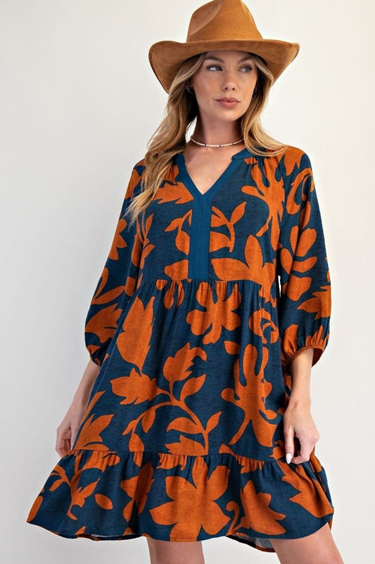 Easel Floral Print Challis Puff Sleeve Dress - Woodnight