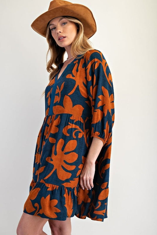 Easel Floral Print Challis Puff Sleeve Dress - Woodnight