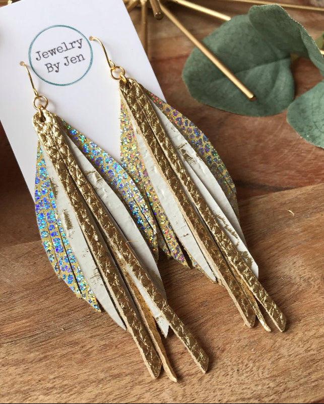 Fringe Earrings - Holographic Crackle, White Wildwood & Gold
