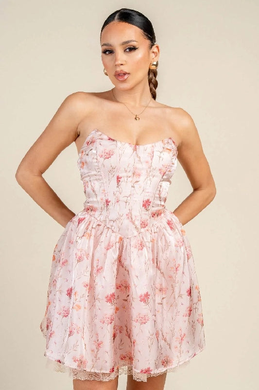 Floral Corset Clear Sequin Bodice Lace-Up Back Mini Dress - Baby Pink