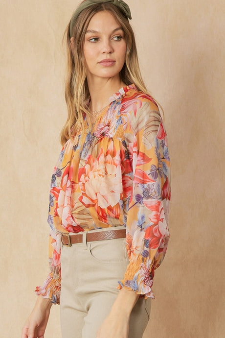 Entro Shirred Floral Print Blouse - Gold