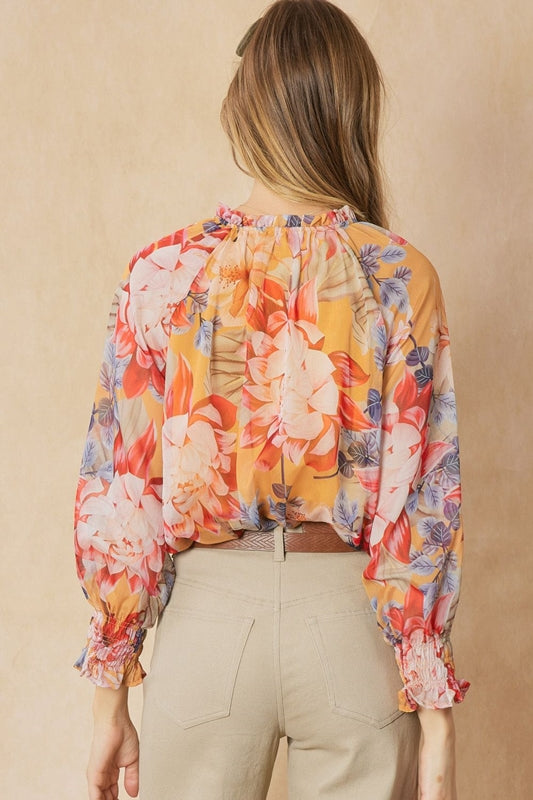 Entro Shirred Floral Print Blouse - Gold