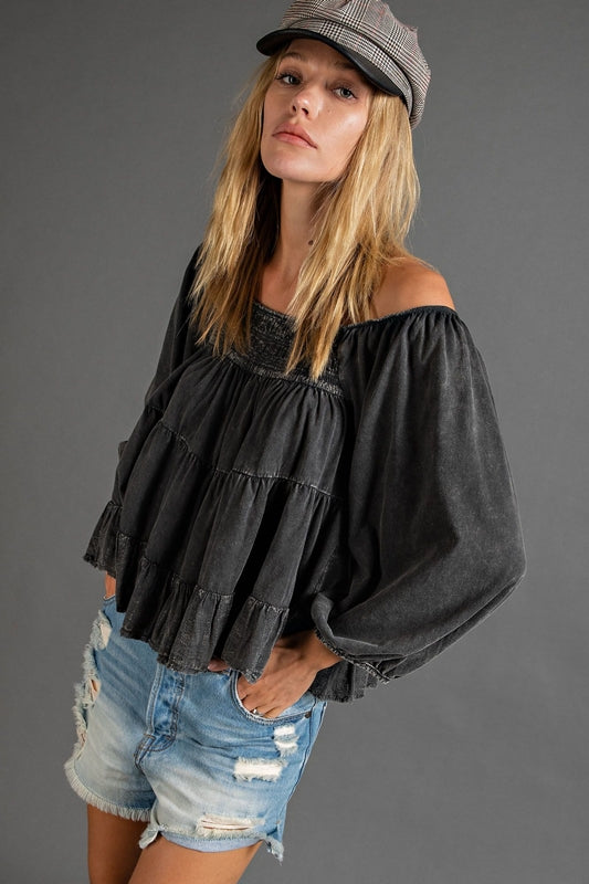 Easel Mineral Wash Tier Crop Top - Ash