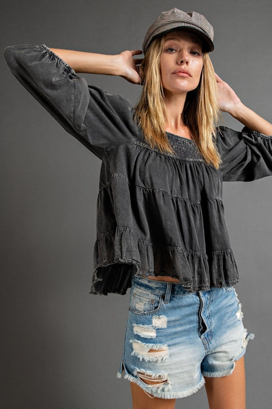 Easel Mineral Wash Tier Crop Top - Ash