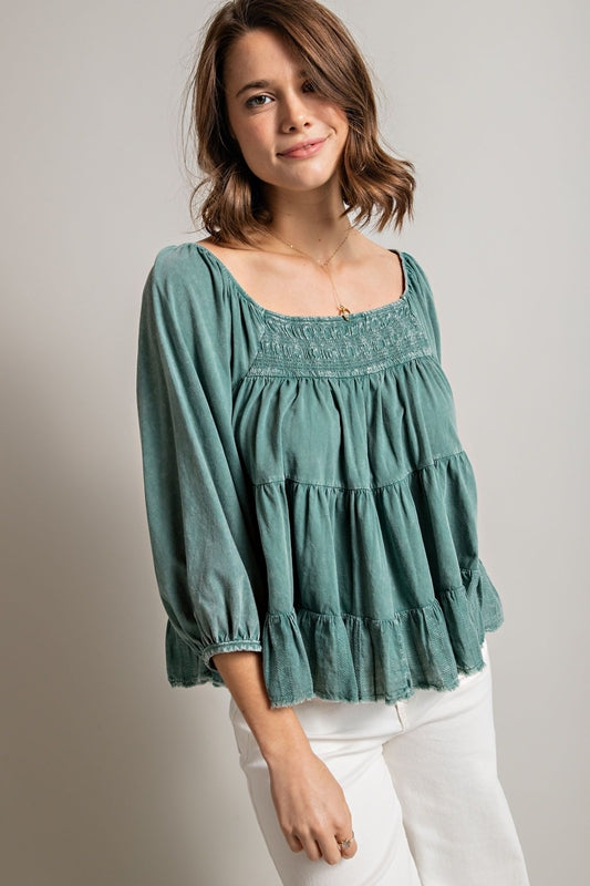 Easel Mineral Wash Tier Crop Top - Teal Blue