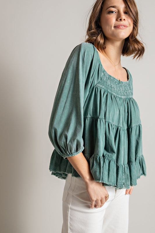 Easel Mineral Wash Tier Crop Top - Teal Blue