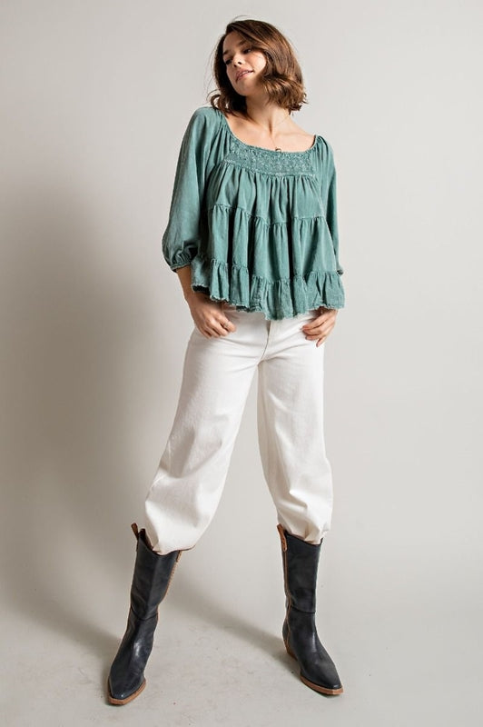 Easel Mineral Wash Tier Crop Top - Teal Blue