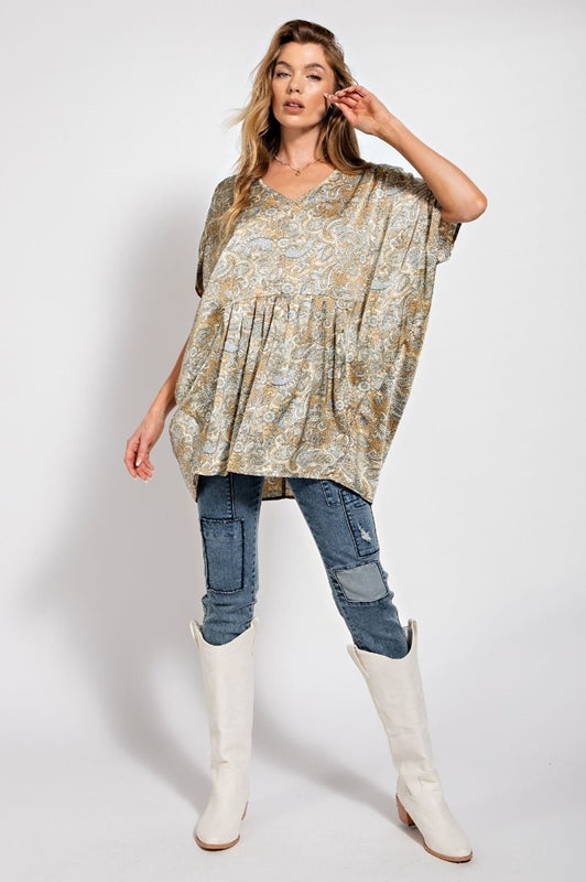 Easel Satin Paisley Print Blouse Angel Sleeves - Champagne