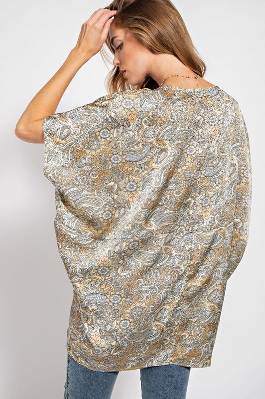 Easel Satin Paisley Print Blouse Angel Sleeves - Champagne