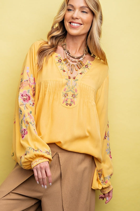 Easel Embroidered Boho Blouse - Straw Yellow