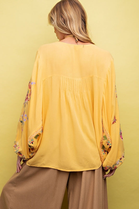 Easel Embroidered Boho Blouse - Straw Yellow