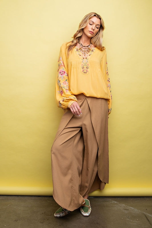 Easel Embroidered Boho Blouse - Straw Yellow