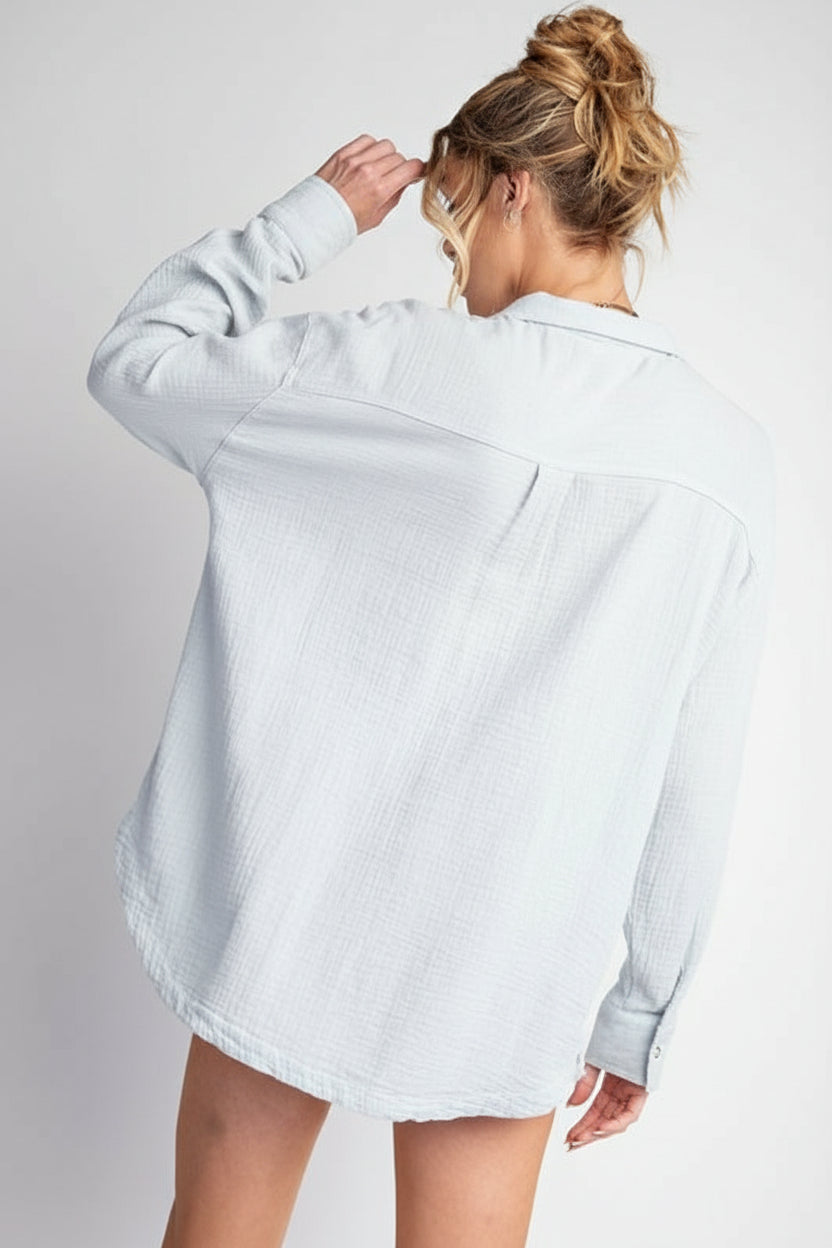 Easel Cotton Gauze Snap Cargo Shirt - Powder Blue