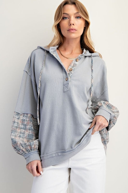 Easel Wash Plaid Henley Sweatshirt Hoodie - Ice Blue