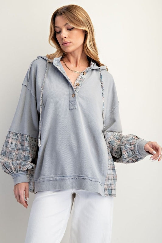 Easel Wash Plaid Henley Sweatshirt Hoodie - Ice Blue
