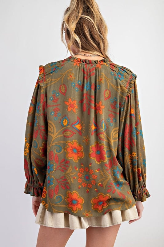 Easel Happiness Floral Print Blouse - Martini Olive