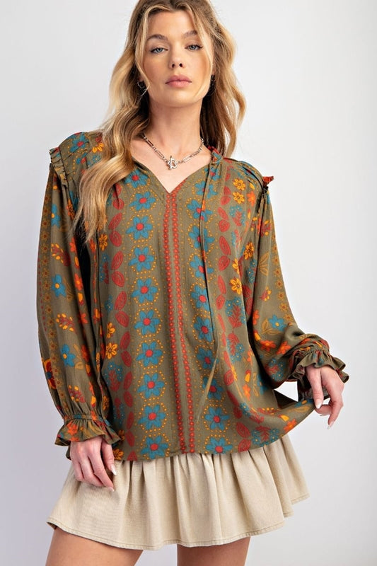 Easel Happiness Floral Print Blouse - Martini Olive
