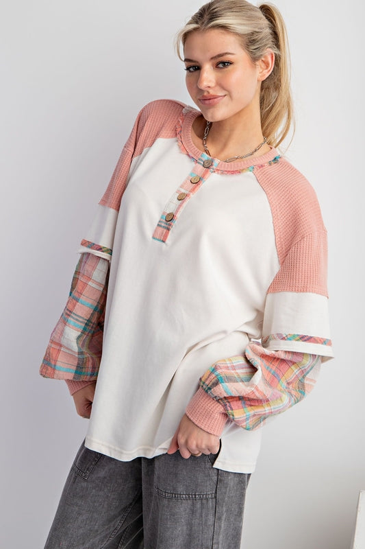 Easel Henley Mineral Wash Waffle Plaid Pullover - Ecru