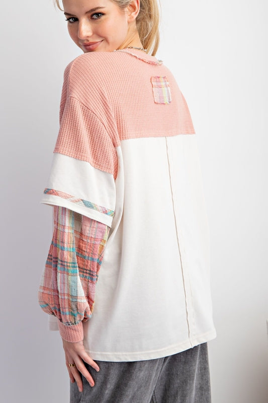 Easel Henley Mineral Wash Waffle Plaid Pullover - Ecru