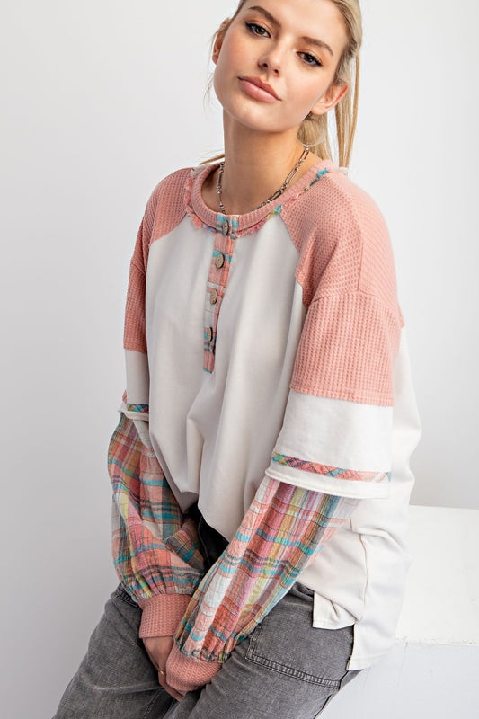 Easel Henley Mineral Wash Waffle Plaid Pullover - Ecru