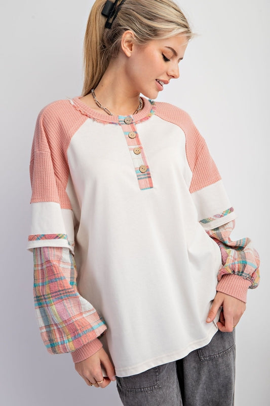 Easel Henley Mineral Wash Waffle Plaid Pullover - Ecru