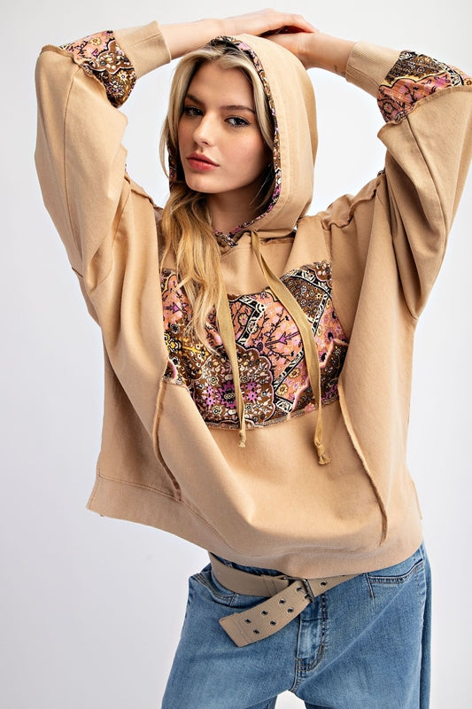 *SALE Easel Cotton Floral Patch Pullover Hoodie Sweatshirt - Bambi Beige