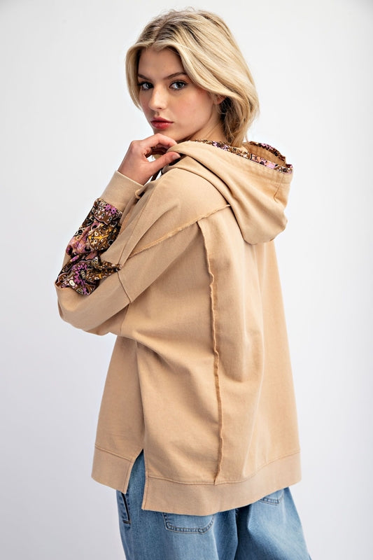 Easel Cotton Floral Patch Pullover Hoodie Sweatshirt - Bambi Beige