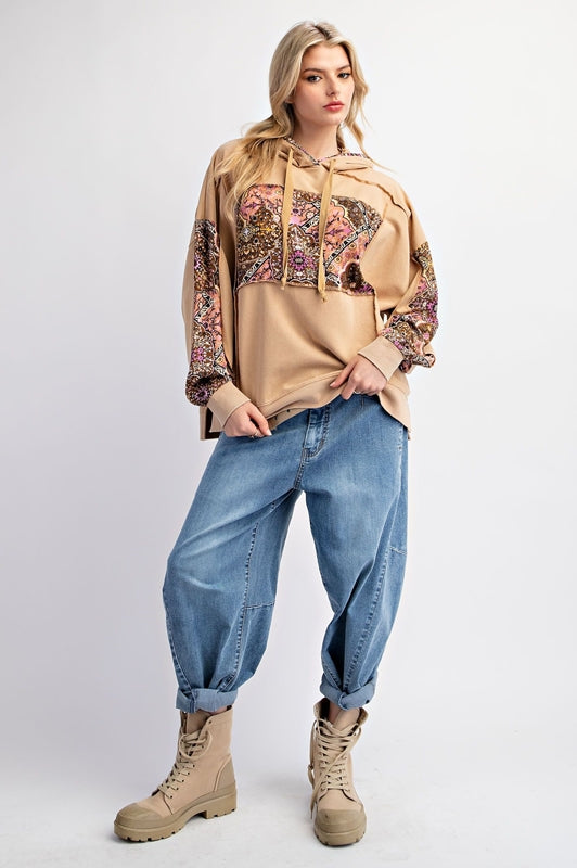 Easel Cotton Floral Patch Pullover Hoodie Sweatshirt - Bambi Beige