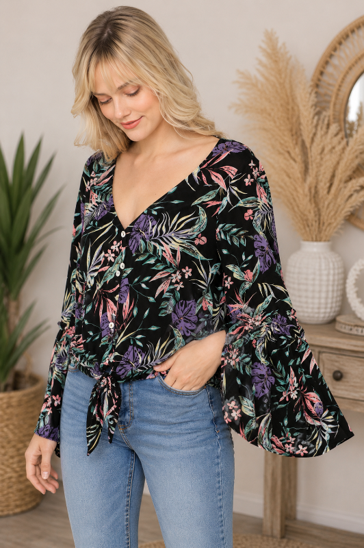 Kyemi Tropical Print Bell Sleeve Tie Front Blouse - Black