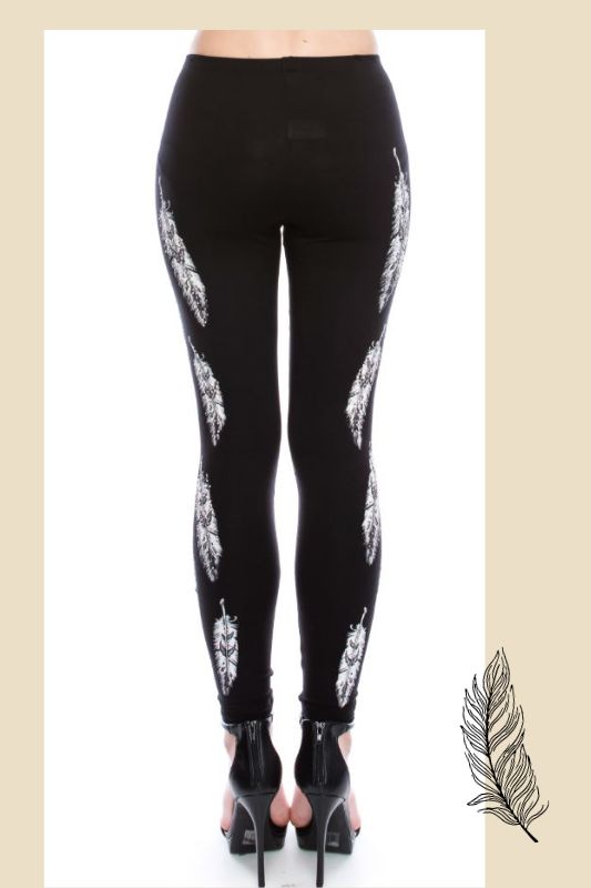 Vocal Feather Print Rhinestone Leggings - Black/Tan
