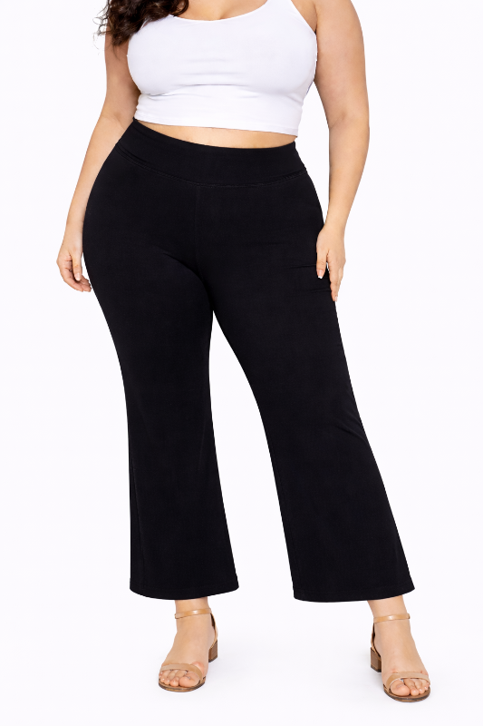 Black Mid Waist Flare Pants Plus Short Wide Waistband