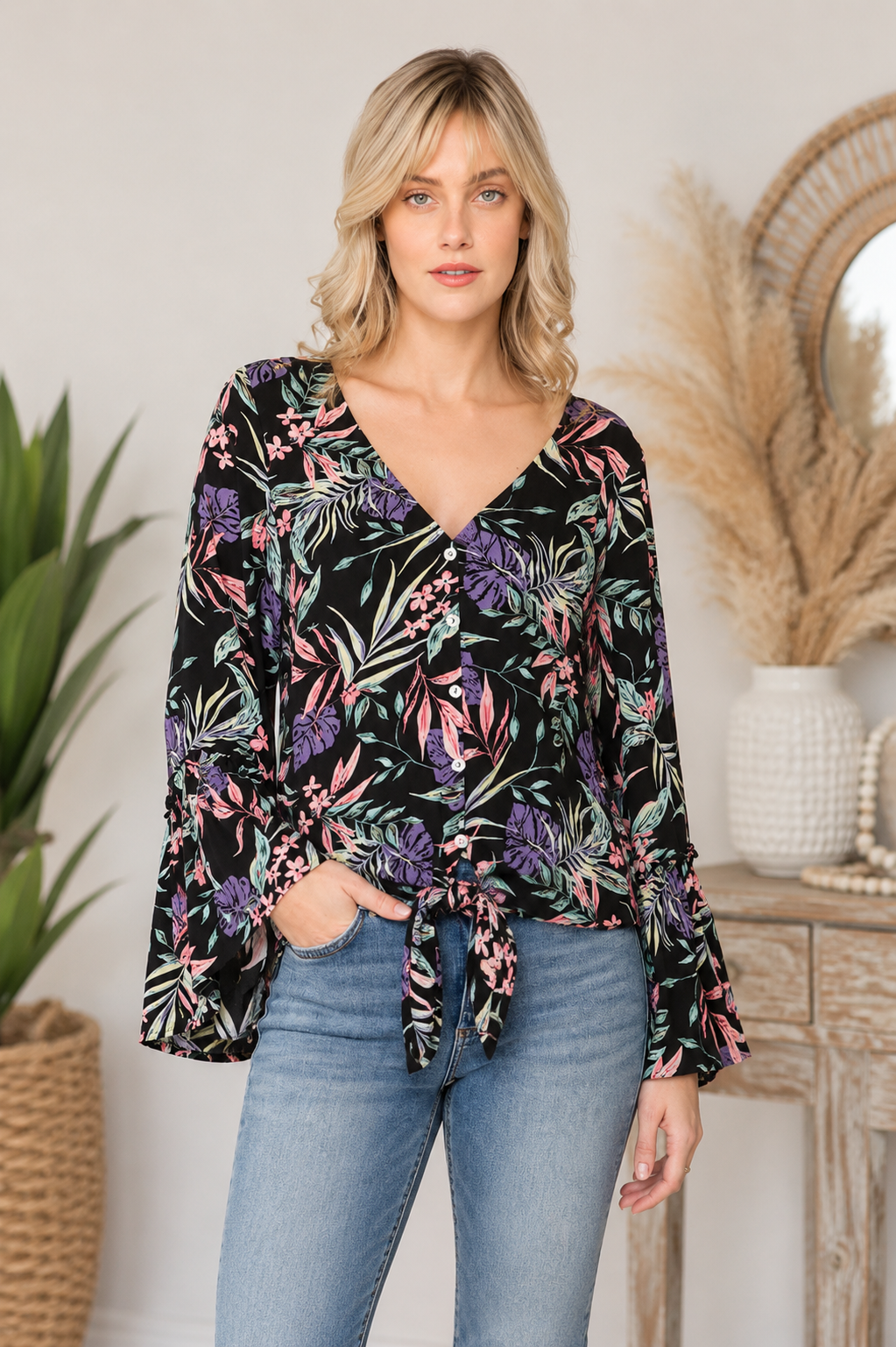 Kyemi Tropical Print Bell Sleeve Tie Front Blouse - Black