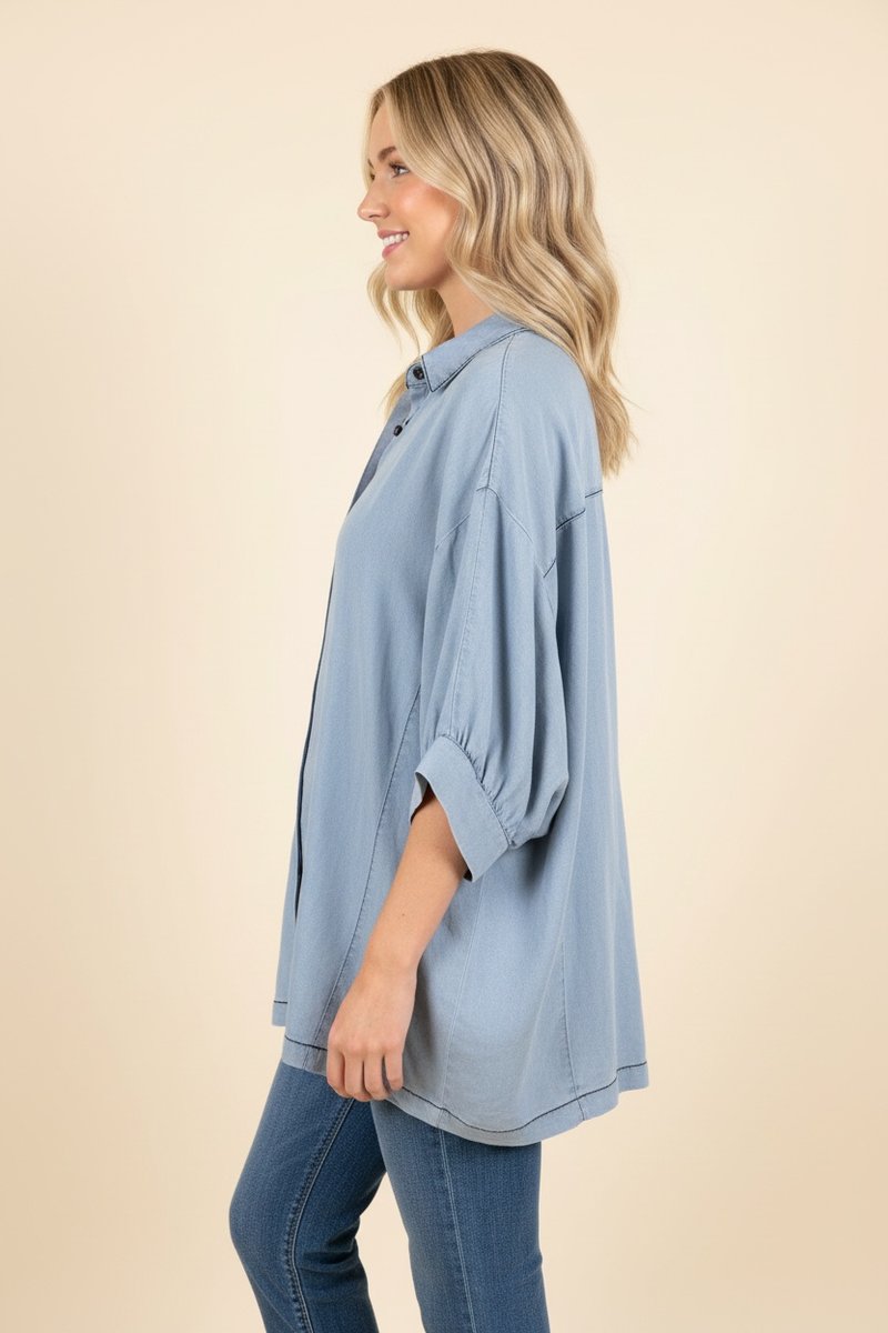 Tencel Oversized Button Front Blouse – Chambray Blue
