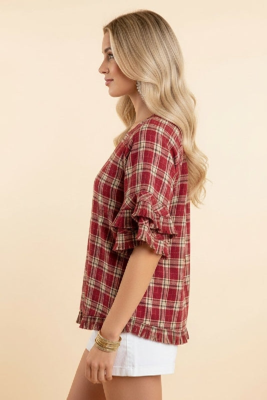 Plaid Ruffle Sleeve Blouse – Burgundy & Cream Check - Red