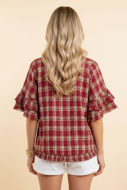 Plaid Ruffle Sleeve Blouse – Burgundy & Cream Check - Red
