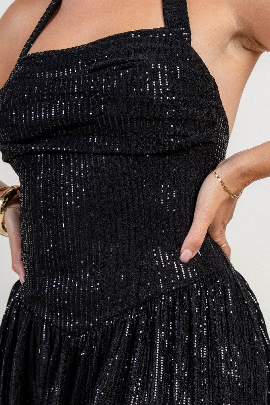 Sequin Halter Corset Flare Mini Dress - Black