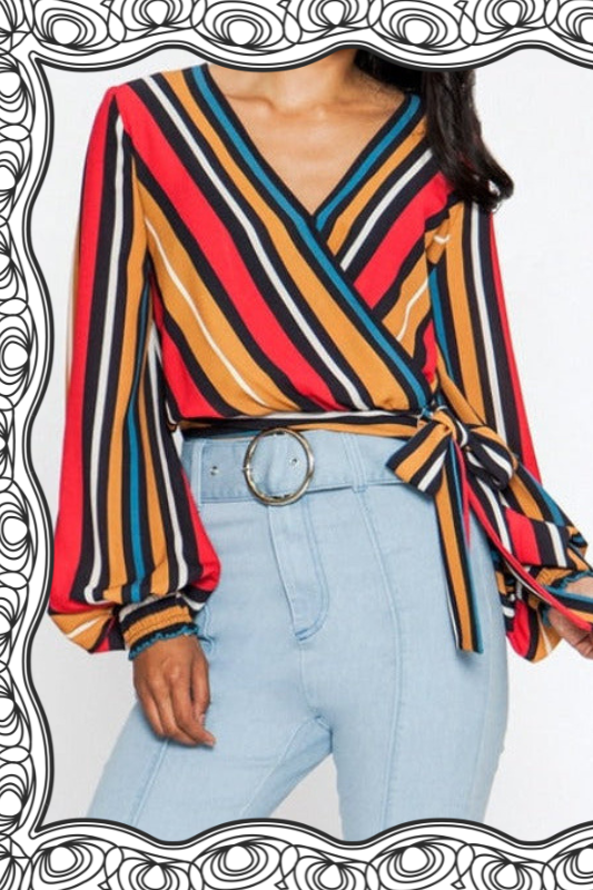 Flying Tomato Striped Wrap Crop Blouse