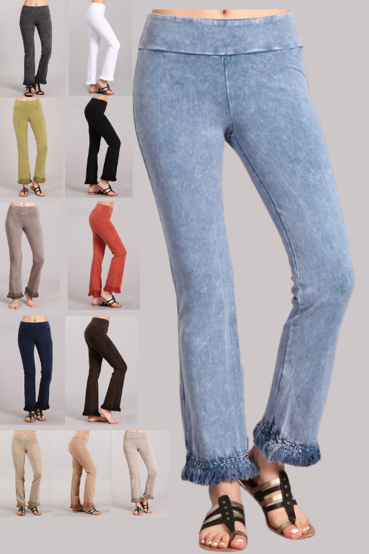 Chatoyant Mineral Wash Ankle Fringe Hem Pants - Many Colors