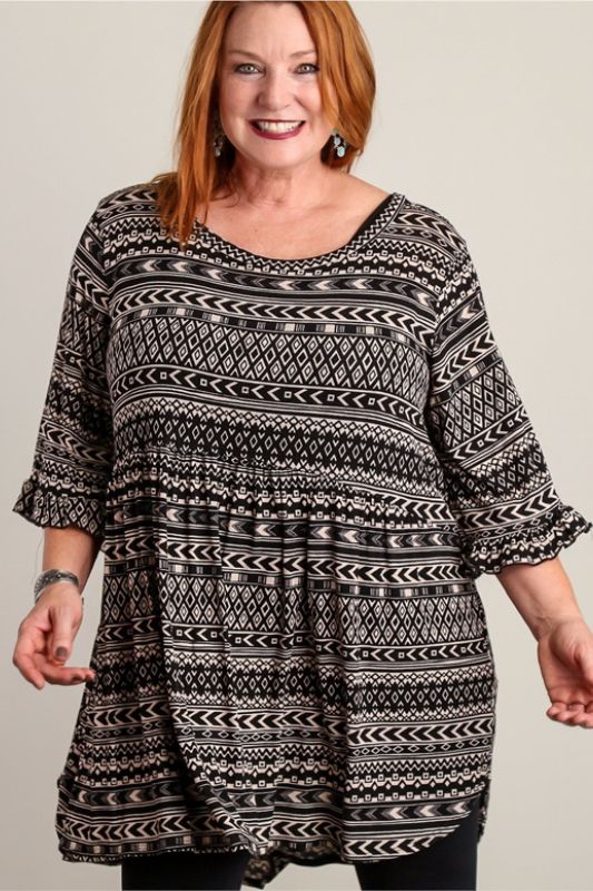 Casual Print Babydoll Tunic Top - Multi