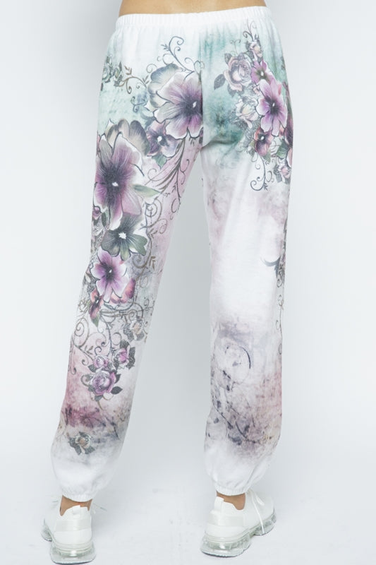 Vocal Floral Print Soft Brush Lounge Sweatpants - Multi White