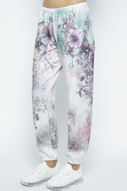 Vocal Floral Print Soft Brush Lounge Sweatpants - Multi White