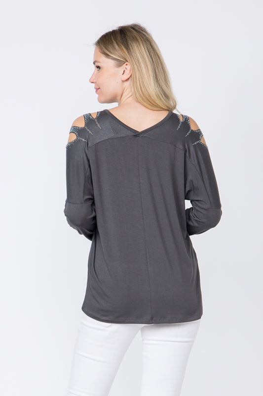 Vocal Cut Out Shoulder Rhinestones Top - Charcoal