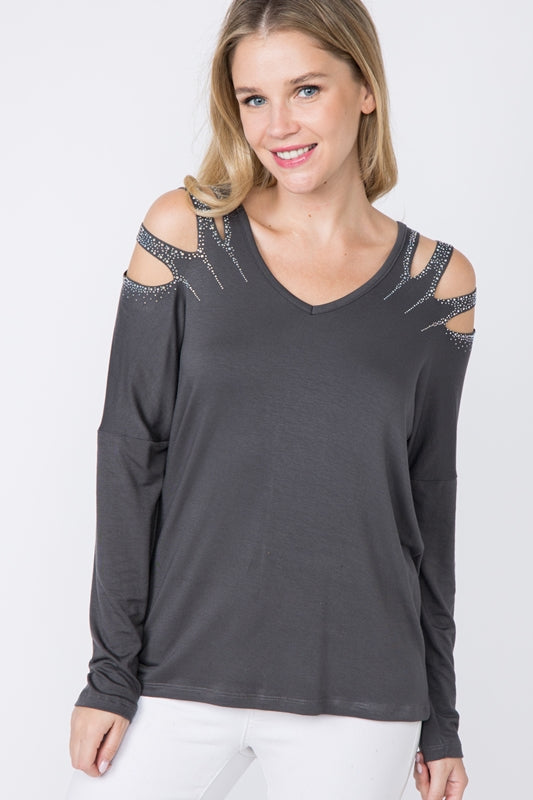 Vocal Cut Out Shoulder Rhinestones Top - Charcoal
